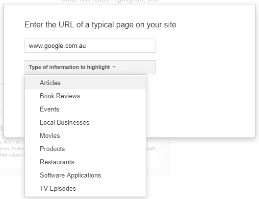 Categories for Google's Data Highlighter Tool