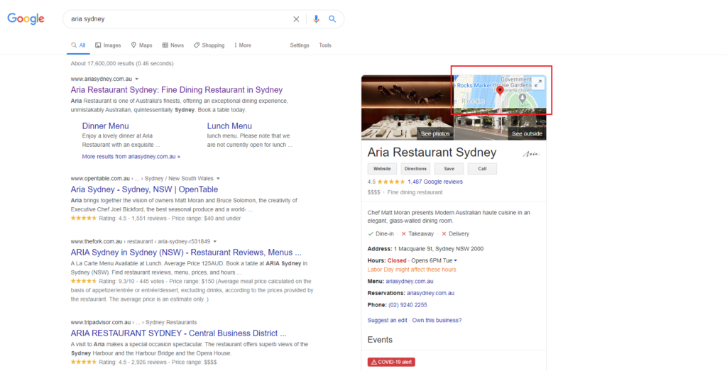 Aria Sydney Restaurant Google My Business Search Results
