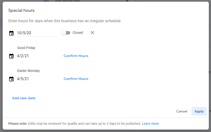 Special Hours section on Google My Business