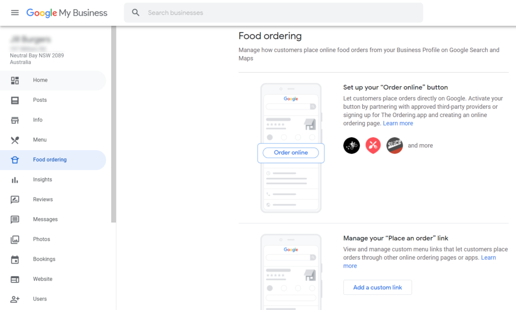 Google My Business food ordering feature