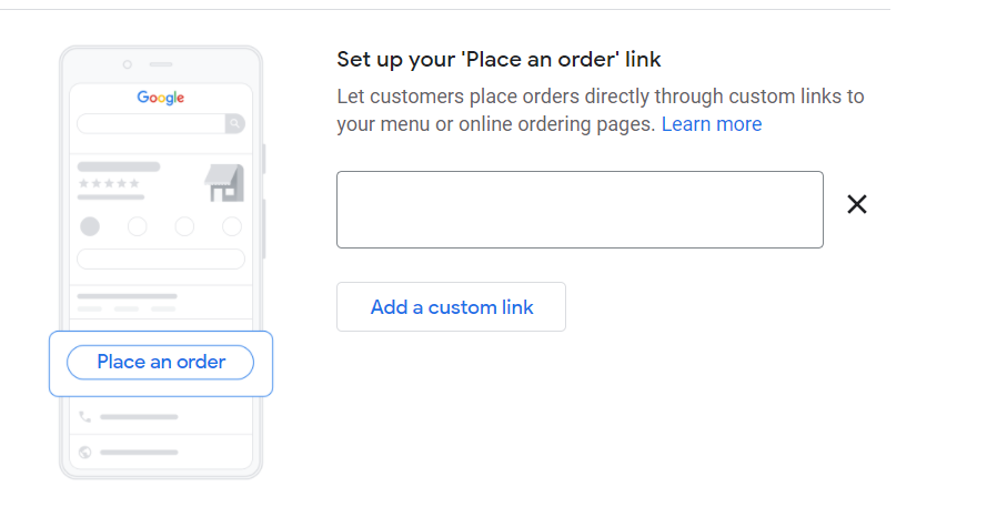 Google My Business food ordering place an order action