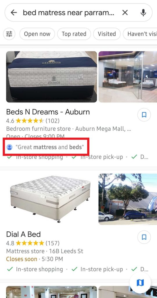 Customer review for mattresses as a Google My Business ranking factor