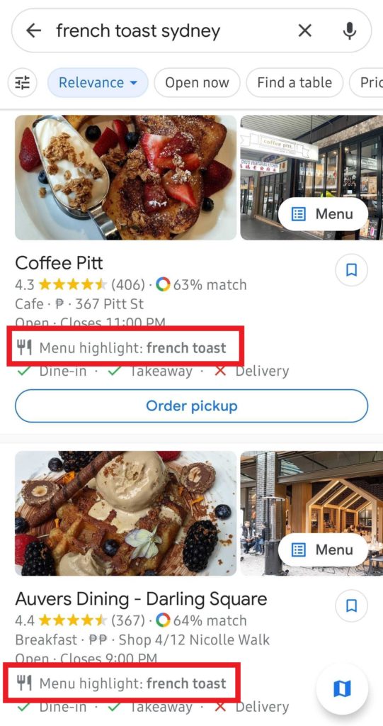 French toast menu offering as google my business ranking factor