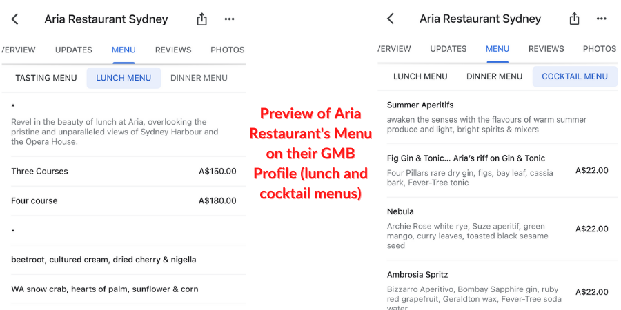 google my business ranking factors - menu for restaurants