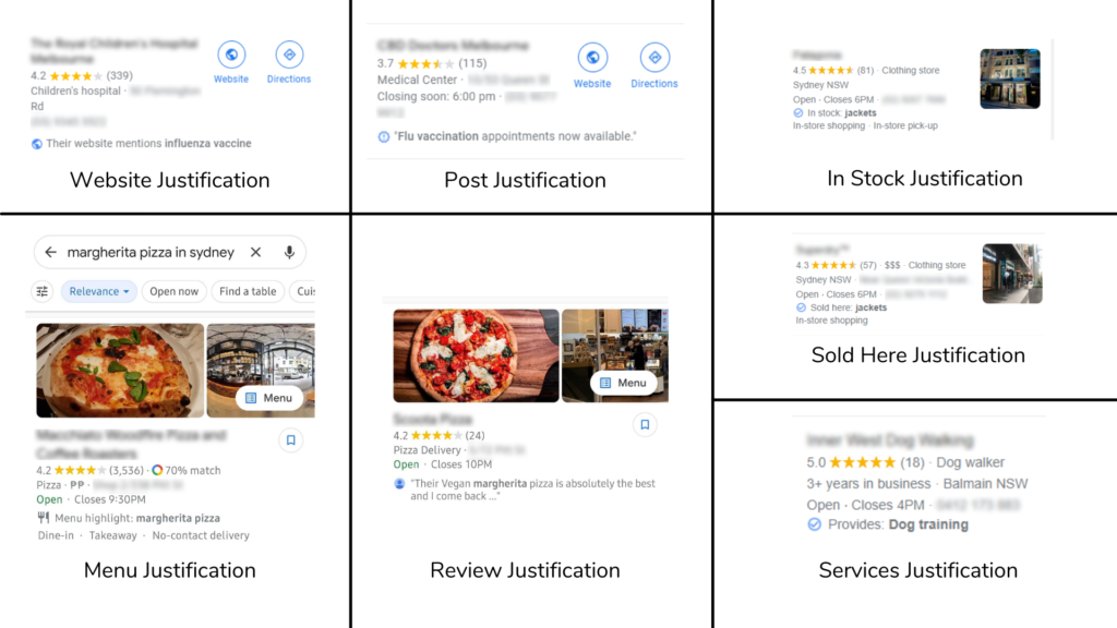 Local justification types on Google Maps and Google My Business