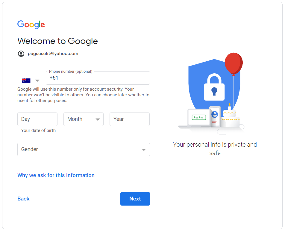 Create a Google account without Gmail signup next page