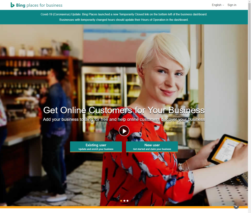 Bing Places for Business home page