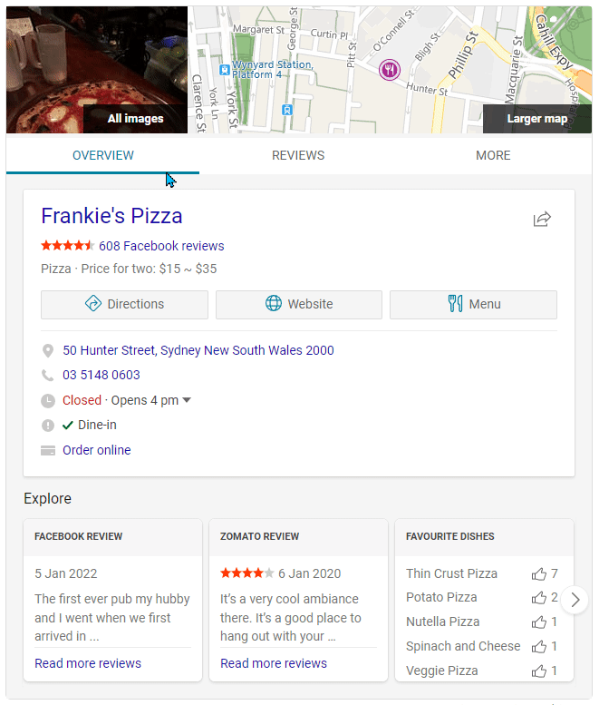 Pizza reviews Bing Places for Business listing
