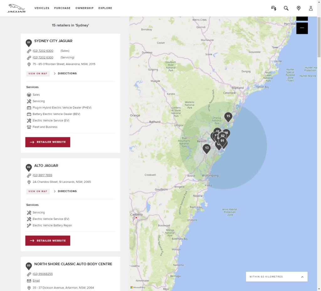 Jaguar Australia using bing maps and Bing Places for Business