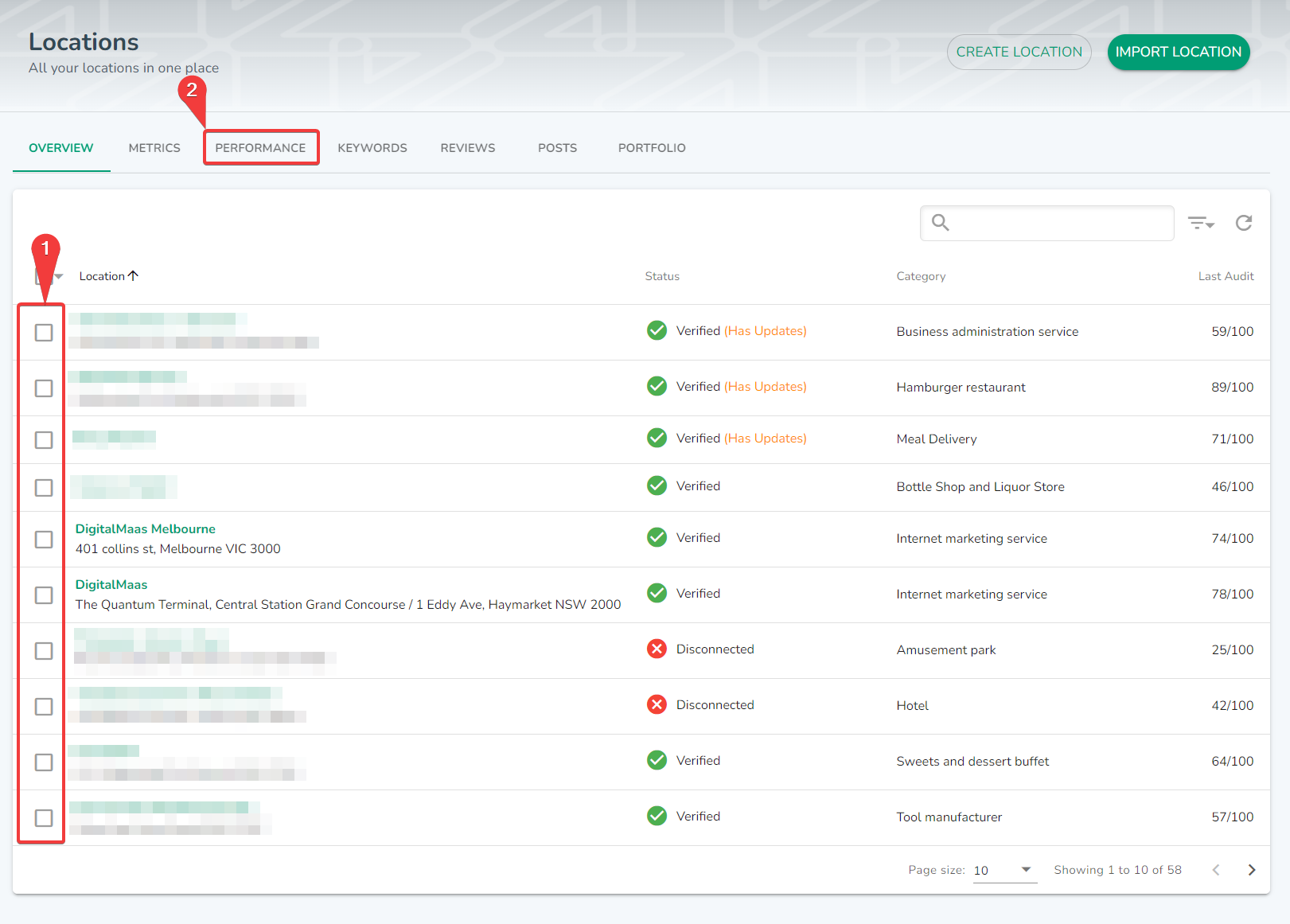 Google Business Profile performance view how to select locations on digitalmaas platform