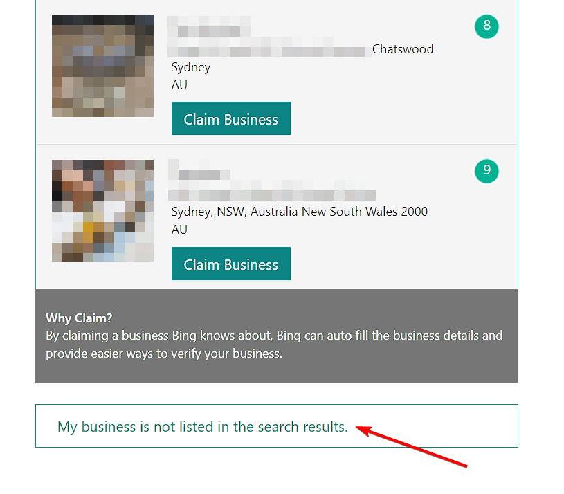 bing listings create new business