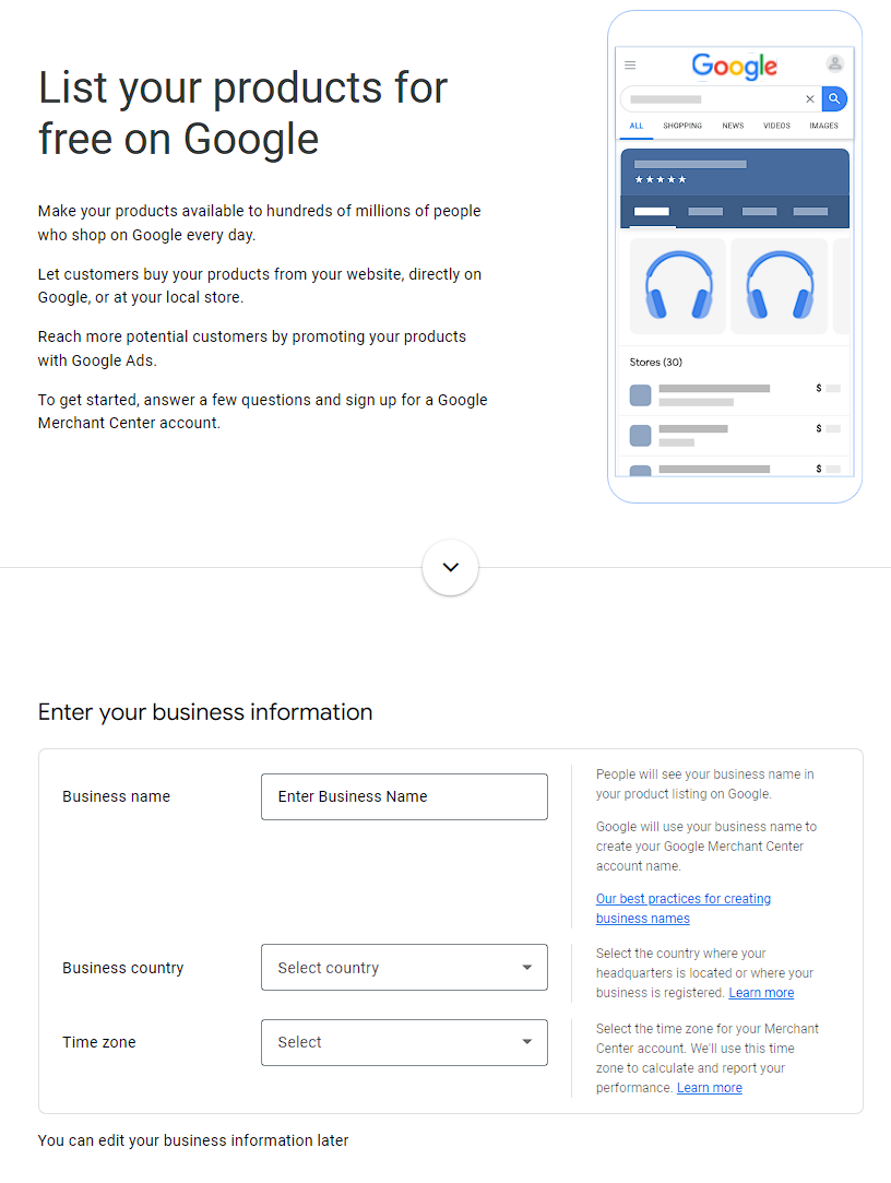 google merchant center add business details