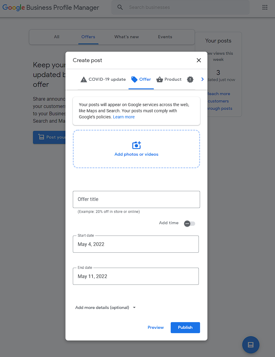 Offer posts on Google Business Profile manager
