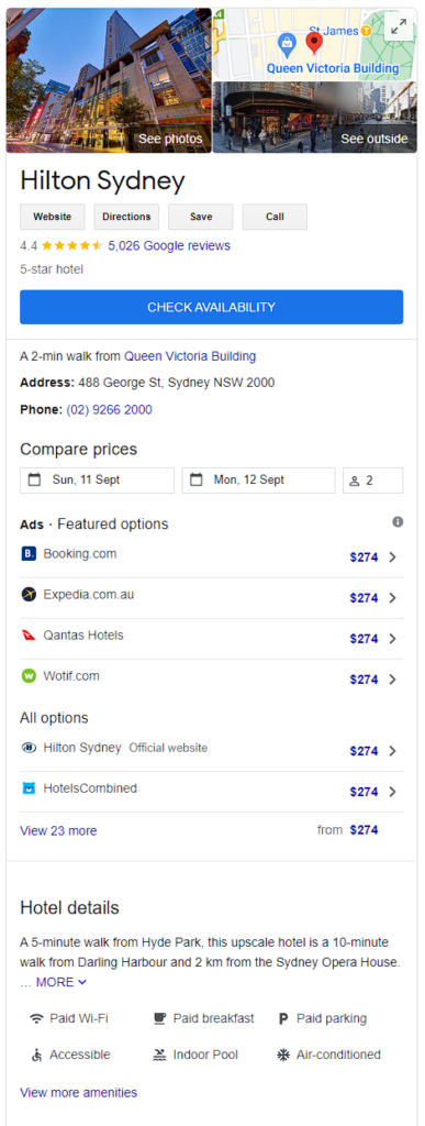 Hilton Sydney Google Business Profiles for Hotels