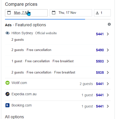 Compare prices google business profiles for hotels