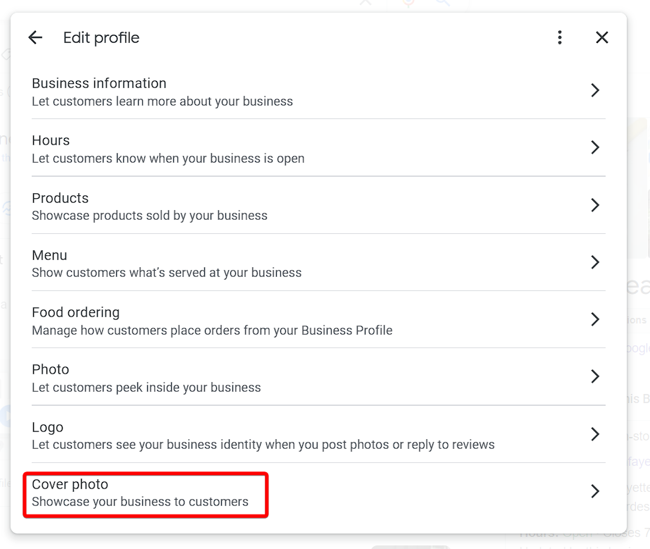 cover photo option on google business profile