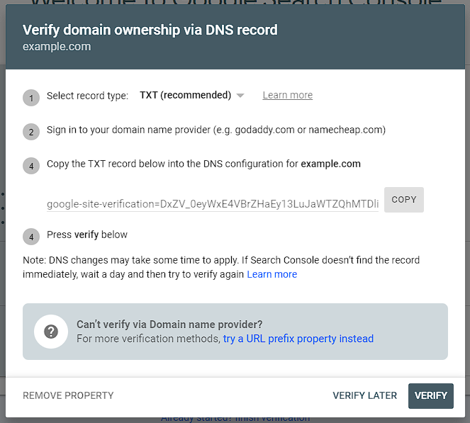 google search console DNS