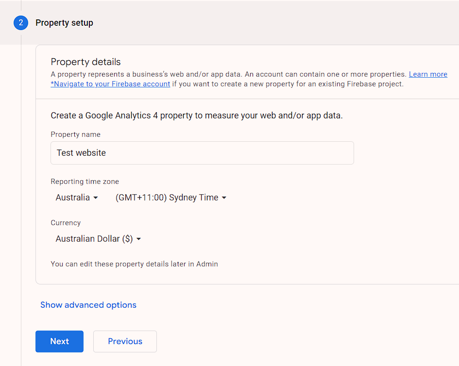 Google analytics property setup