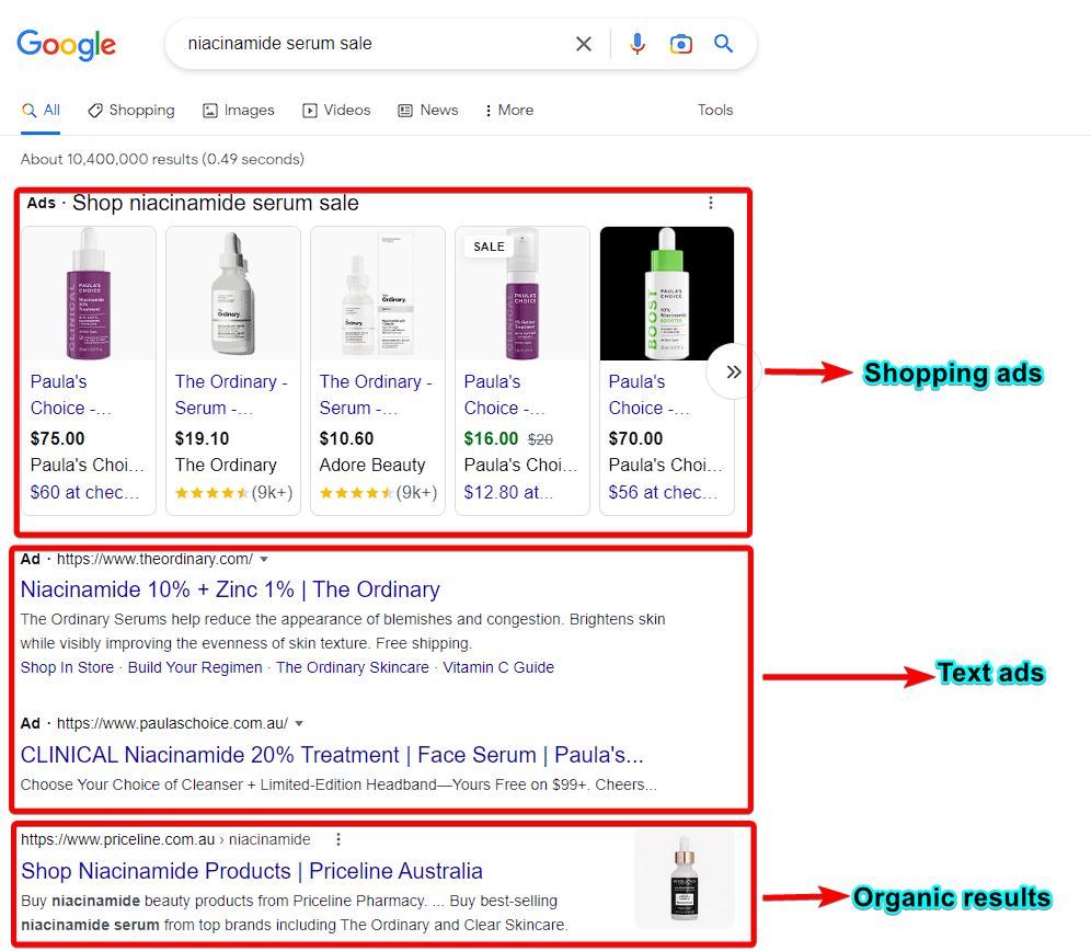 google shopping ads placement on search results