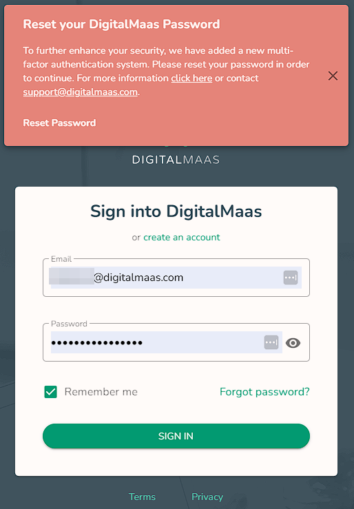 multi factor authentication warning notification on the digitalmaas platform