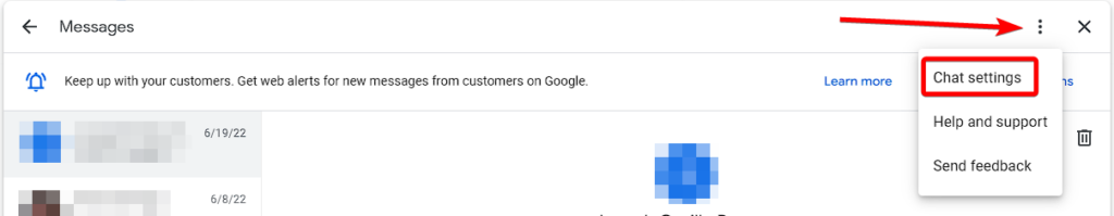 Google Business Messages settings